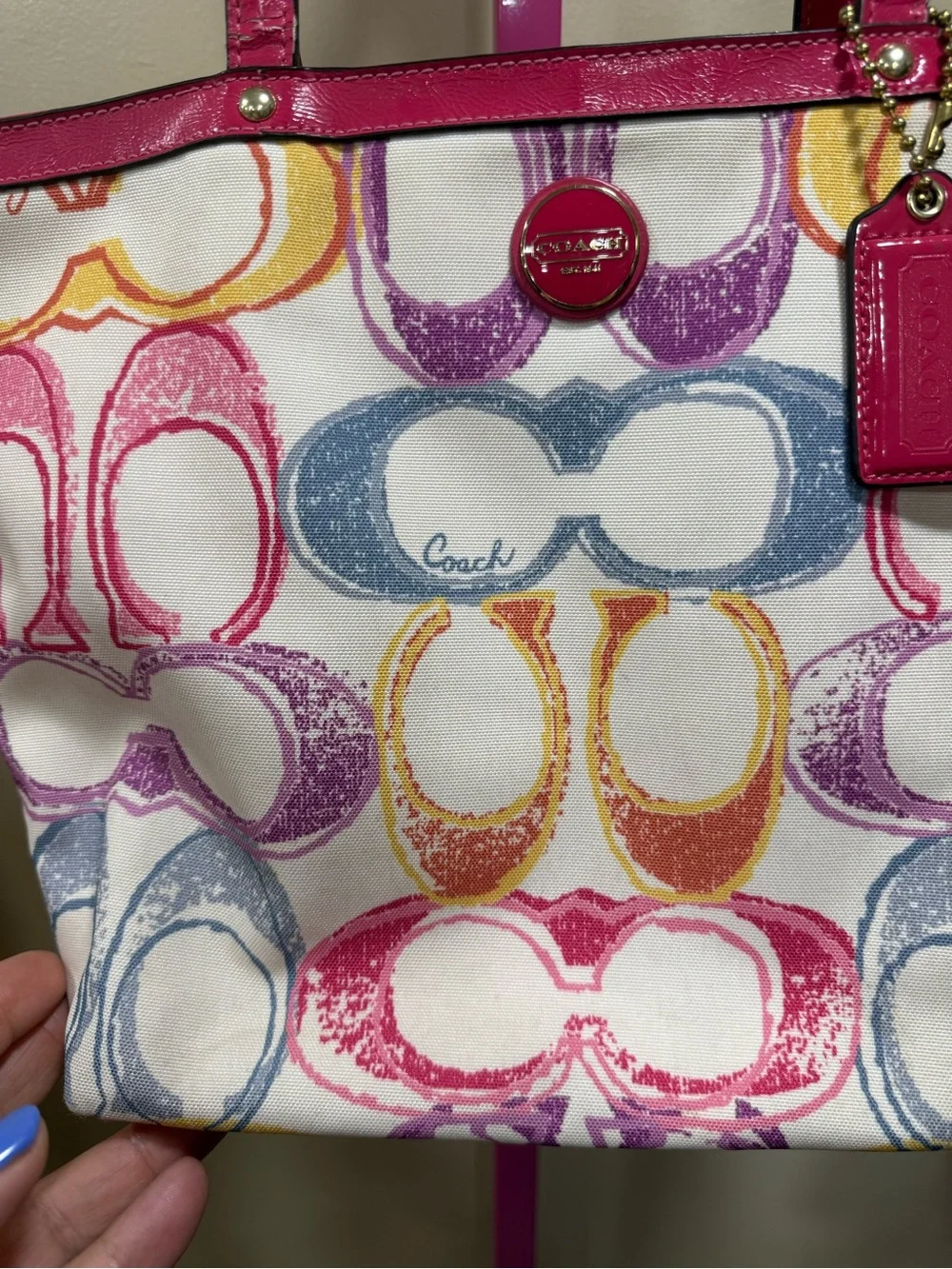 Coach Multicolor Signature Tote with Pink Trim and Handles